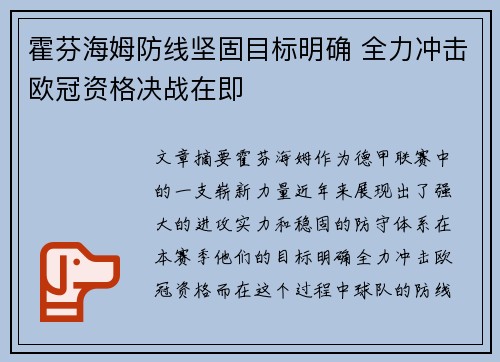 霍芬海姆防线坚固目标明确 全力冲击欧冠资格决战在即