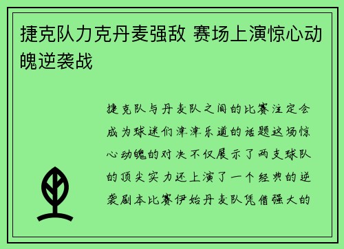 捷克队力克丹麦强敌 赛场上演惊心动魄逆袭战