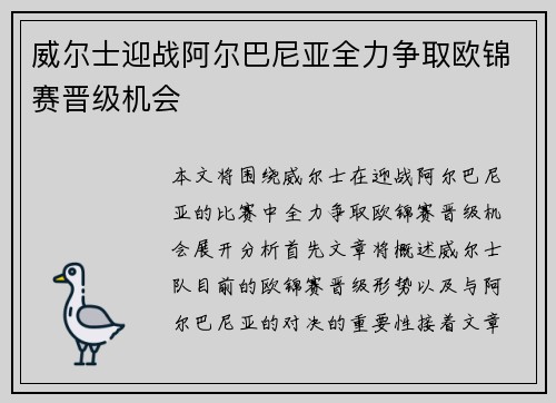 威尔士迎战阿尔巴尼亚全力争取欧锦赛晋级机会