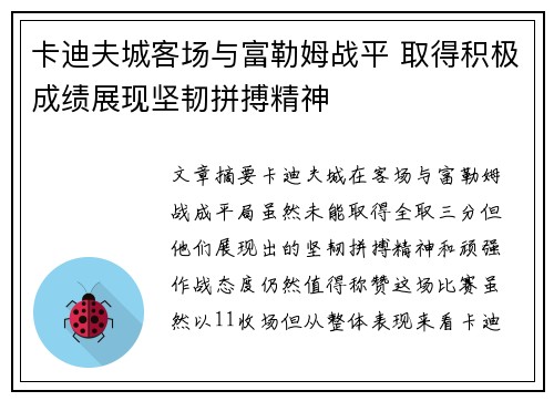 卡迪夫城客场与富勒姆战平 取得积极成绩展现坚韧拼搏精神