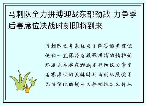 马刺队全力拼搏迎战东部劲敌 力争季后赛席位决战时刻即将到来